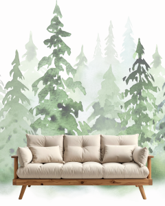 sofa in front of watercolor painting of a forest