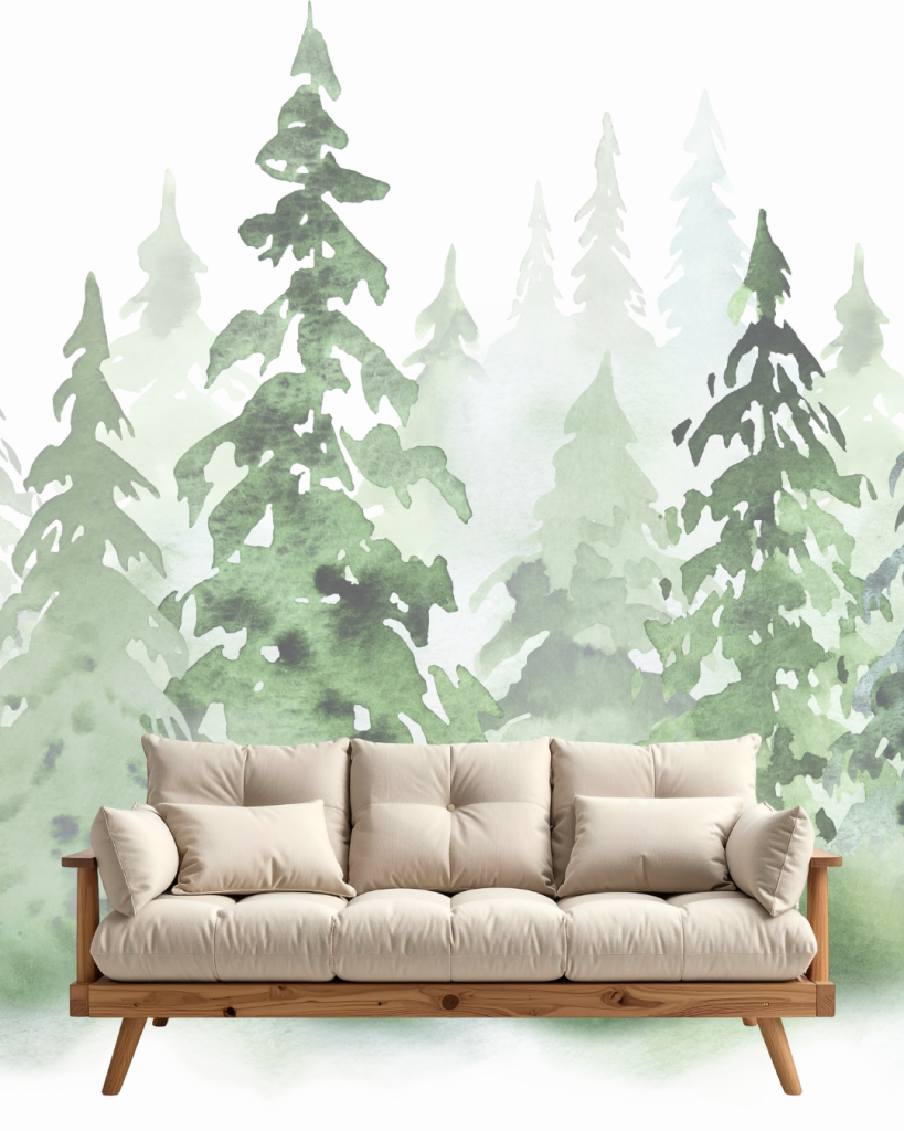 sofa in front of watercolor painting of a forest